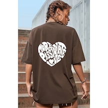 Unisex Yazı Kalp Baskılı Oversize Tshirt Kahverengi