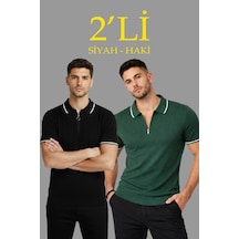 Wear Vexel Erkek Triko Tişört Fermuarlı Polo Yaka Yazlık Kısa Kol T-shirt 2 Li Set Haki-siyah Çok Renkli