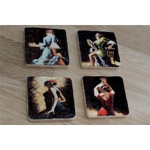 İspanyol Dansçı Kadınlar Doğal Taş Bardak Altlığı 4'lü Set - Natural Stone Coasters - Taş Çok Renkli
