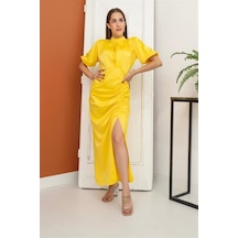 Büzgülü Saten Elbise - Sarı-6890
