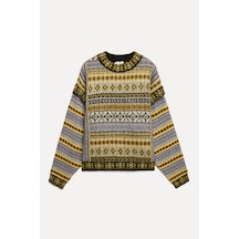 Mudo Kadın Kaıdn Hardal Rengi Jakarlı Loose Fit Bisiklet Yaka Kazak 1273857