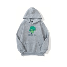Unisex Gri Kapüşonlu Sweatshirt Brocco Lee Baskılı, Şardonlu Kalın Kumaş Gri