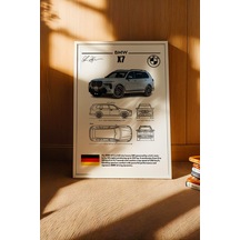 Bmw X7 Tablo - Teknik Özellikli Alman Full-size Lüks Suv Poster - Çerçeveli Duvar Dekoru - Blueprint Beyaz