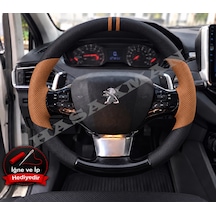 Peugeot 408 Dikme Direksiyon Kılıfı Delikli Deri Parlak Siyah Taba Detay Çift Yüzük Ve Dikiş 2022-2024