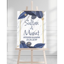 Söz Nişan Düğün İçin 50x70 Karşılama Panosu - Mavi Renk Çiçek Temalı 07 Beyaz