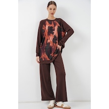 Bigdart Kadın Desenli Oversize Tunik Pantolon İkili Takım 55462 - Kahverengi