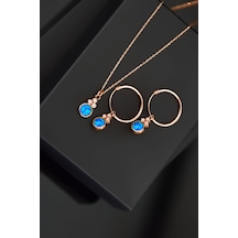 Papatya Silver 925 Ayar Gümüş Rose Kaplama Mavi Opal Yuvarlak Kolye ve Çift Halka Küpe