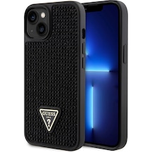 Apple iPhone 15 Uyumlu Kılıf Guess  Lisanslı Taşlı Arka Yüzey Üçgen Logolu Kapak Siyah