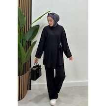Zerogaprıse Kadın Çapraz Bağlamalı Keten Kimono Tesettür Pantolon Takım Siyah