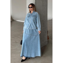 Olcay Çiçek Aplikeli Etek Ceket Denim Takım Mavi 9346-tk