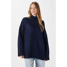 Ritnice Kadın Wonder Yumuşacık Dik Yaka Lacivert Yırtmaçlı Oversize Triko Kazak Lacivert