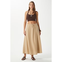 Kadın Seaside Vizon Astarlı Bel Lastikli Cepli Dokuma Uzun Etek Vizon