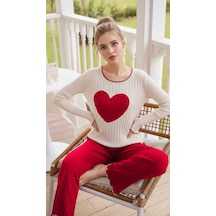 Bella Notte Kırmızı Nakışlı Kalp Detaylı Uzun Kollu Pijama Takımı