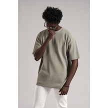 Oversize Bol Kesim Kalın Fitilli Bisiklet Yaka Kısa Kol T-shirt 001