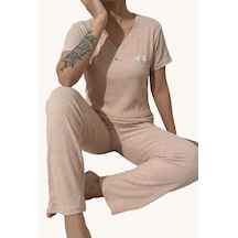 V Yaka Fiyonk Detaylı Yarım Kollu Kadın Pijama Takımı Bej