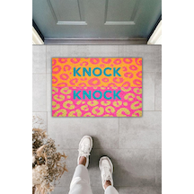 Rugmood Modern Dijital Baskı Paspas - Knock Knock Yazılı Leopar Desenli Kapı Önü Paspası Çok Renkli