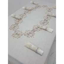 Finezza Nihal Güpürlü Keten Bej Sofra Takımı 8 Kişilik 160X230 Cm