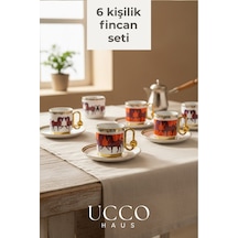 Altın Yaldızlı 6'lı 80 Ml Porselen Kahve Fincan Takımı At Motifli Premium Seri - Espresso Bardağı Beyaz-turuncu-gold