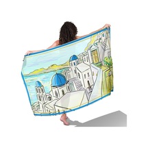 Santorini Dreams Mavi Desen İç Göstermeyen Saten Pareo Çok Renkli
