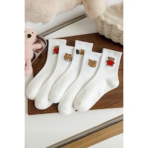 Hitit Socks Kadın 5 Çift Premium Kalite Beyaz Renkli Ayıcık Ve Kalp Desenli Kısa Soket Çorap