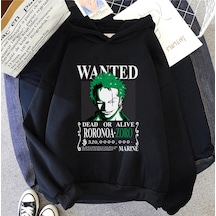 Anime One Piece Zoro Wanted Kapşonlu Sweatshirt Siyah