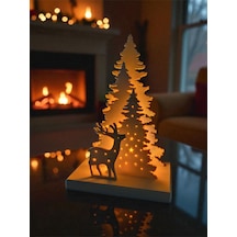Dekoratif Çam Ağacı Ve Geyik Silüetli Yılbaşı Temalı Led Tealight Mumluk Beyaz