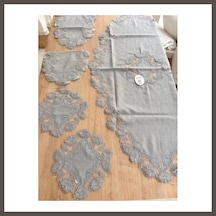 Bezos Salon Takımı Çeyizlik Gri Runner Set 5 Parça Keten Masa Örtüsü Runneri Flowers Nxrlvng