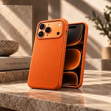 Iphone 17/18 Pro Max Uyumlu Turuncu Vegan Deri Kılıf, İnce Ve Hafif