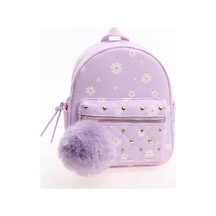 Myballistore Lila Papatya Desen Sırt Çantası Ponpon Charmlı 23x18cm mor