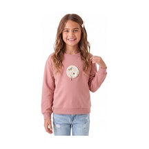 Onloox Kız Çocuk Gülkurusu Kız Çocuk Gülkurusu Pamuklu Bisiklet Yaka Oversize Çiçek Aplike Nakışlı Sweatshirt 2-6 Yaş