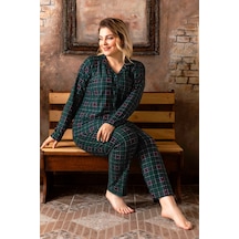 Nisanca Büyük Beden Kışlık Düğmeli Ekose Desen Yılbaşı Temalı Kadın Süet Pijama Takımı 001