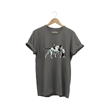 Avcılık Hunting Renkli Pointer Setter Köpekleri Baskılı %100 Pamuk Regular Fit Bisiklet Yaka T-shirt Gri