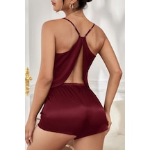 Ang Butik Kadın Bordo Asimetrik Sırt Dekolte Detaylı Şık Şortlu Gecelik Takım