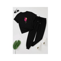 Herkesemoda Pembe Çiçekler Baskı Detaylı T-shirt Eşofman Takımı Siyah
