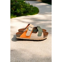 Bej Multi Hakiki Deri Nubuk Çift Bant Tokalı Mantar Taban Terlik Çok Renkli