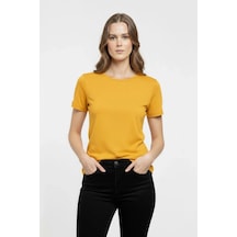 Kadın T-shirt Bisiklet Yaka Slim Fit Likralı Tişört Yazlık Basic Body - Sarı Sari