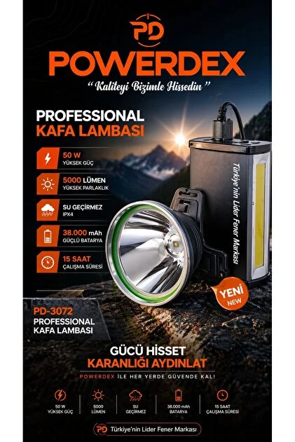 Powerdex Pd-3072 50w 5000 Lümen 38000mah Powerbenk Kafa Feneri & Işıldak Yeni Ürün Diğer