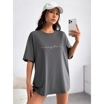 Energetic Yazılı T-shirt - Füme Baskılı Oversize Bisiklet Yaka Kısa Kol Tişört Füme