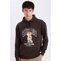 DeFacto Boxy Fit Kapüşonlu Baskılı Sweatshirt D0853AX24AUBN337 Kahve Kahverengi