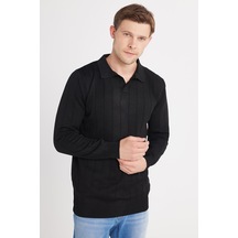Erkek Slim Fit Dar Kesim Uzun Kol Polo Yaka Çizgili Siyah Kazak-35794 Siyah