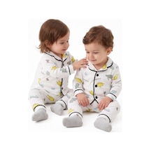 Bebegen Unisex Ekru Renkli Dinazor Desenli Kruvaze Yaka Pijama Takımı Çok Renkli