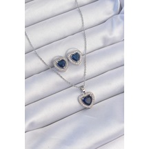 Ezoconcept 316l Çelik Zincirli Gümüş Renk Zirkon Taşlı Mavi Kalp Model Kolye Seti 001