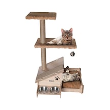 Çok Amaçlı Katlı Kedi Evi-isim Baskılı-ahşap Mdf-tırmalama Çubuklu-kahverengi-çelik Kase-2 350