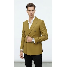 Plus Scorpion Gold Düğmeli Kruvaze Erkek Blazer Ceket Premium Kumaş, Slim Fit Şıklık Camel