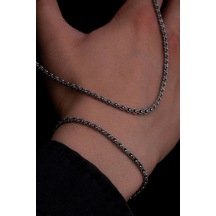 Erkek Gümüş Kolye Bileklik Set - 3mm Arnavut Zinciri Gümüş Kolye Bileklik Set