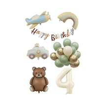 Retro 4 Yaş Doğum Günü Seti Uçak, Araba, Gökkuşağı, Ayıcık Ve 20 Adet Lateks Balon Set Çok Renkli