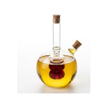 Borosilikat Cam Çift Bölmeli Yağlık Ve Sirkelik 350 Ml, İç Ve Dış Hazneli 2 Si 1 Arada Şeffaf Servis Şişesi, İki Ayrı Ağızlı Mantar Tıpalı Yuvarlak Tasarım Çok Renkli