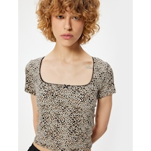Koton Kısa Kollu Tişört Fiyonklu Leopar Desenli Slim Fit Kare Yaka Siyah Desenli 4sal11173ık Siyah