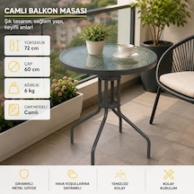 Yuvarlak Bahçe Balkon Masası 60 Cm Çap Buzlu Tamperli Cam