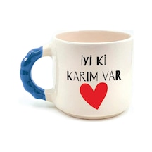İyi Ki Karım Var Baskılı Mavi Kulplu Boncuk Sevgililer Günü Kupası